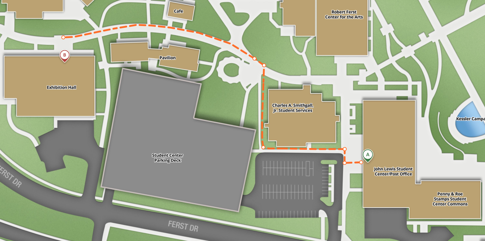 Direction from Ehmer Theater to Exhibition Hall